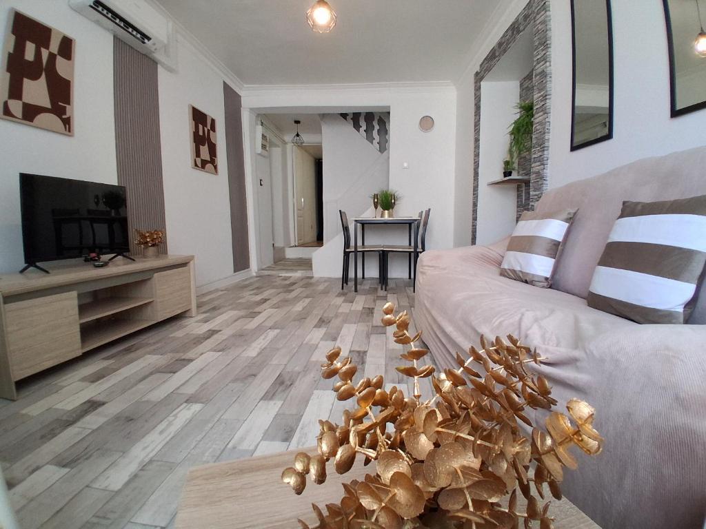 a living room with a couch and a television at Maison SYD saint-Junien in Saint-Junien