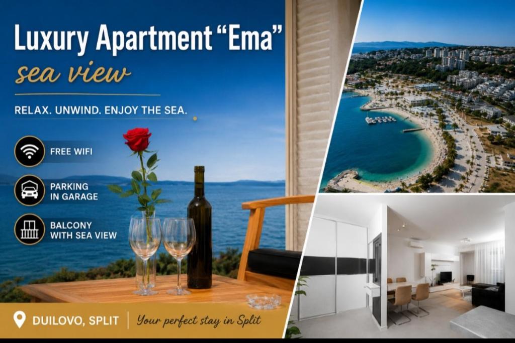 a collage of photos of a flyer with wine bottles and glasses at Luxury Apartment "Ema", sea view in Split