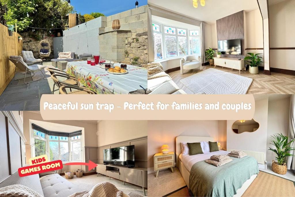 a collage of two pictures of a bedroom and a living room at Shrubbery Lodge - Games Room & Patio Dining in Wyke Regis