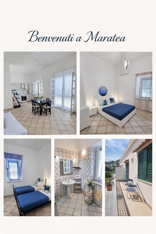 a collage of photos of a bedroom and a marauder at Gente di Mare in Maratea