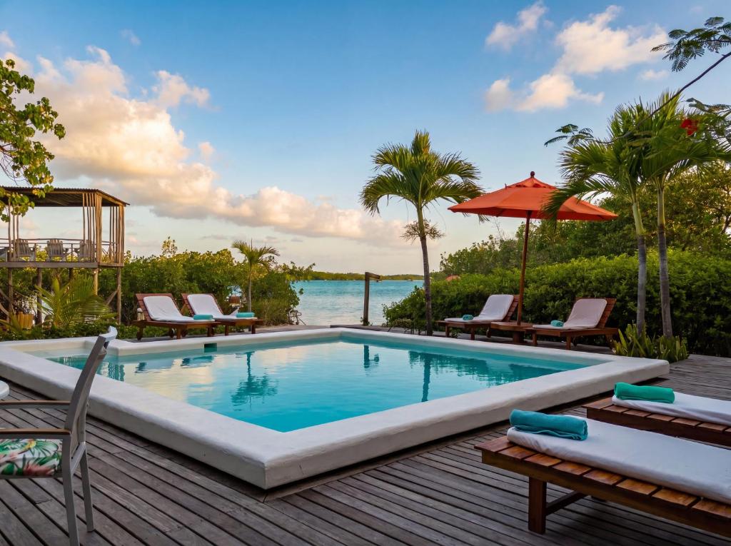 a swimming pool on a deck next to the ocean at Hotel PlayaScondida Baru in Barú