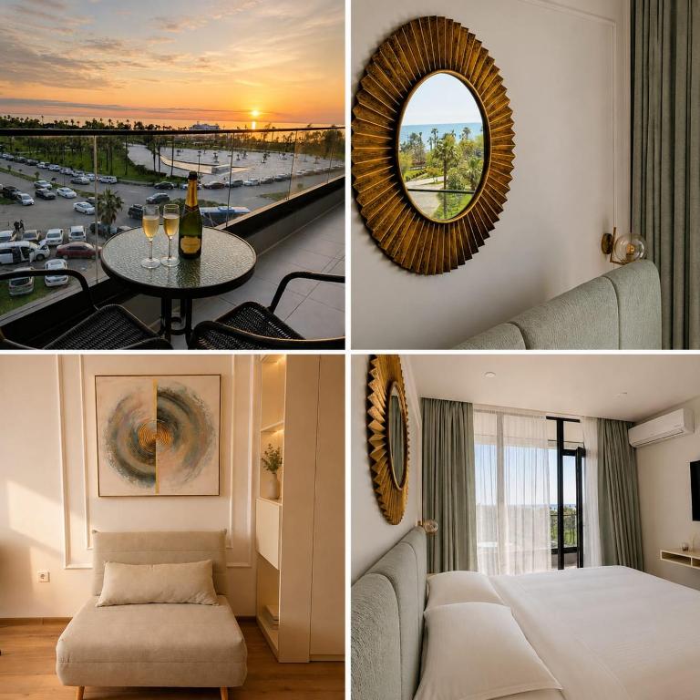 a collage of four pictures of a hotel room at Mar y Sol in Batumi