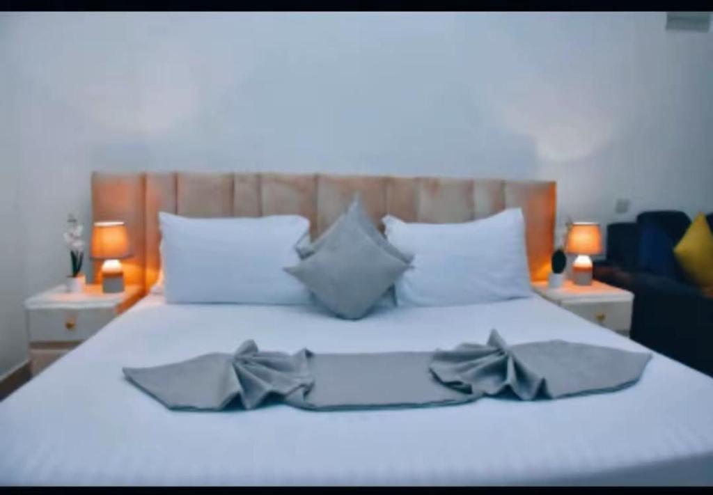 a bedroom with a white bed with pillows at Esther properties in Entebbe