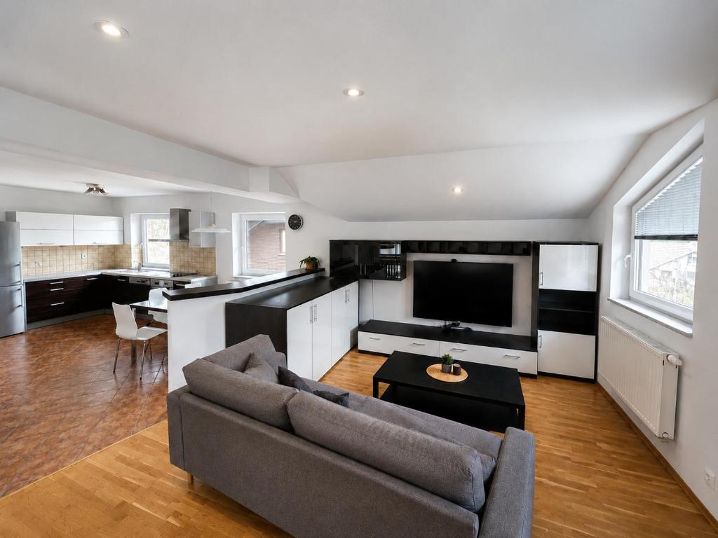 a living room with a couch and a tv and a kitchen at Alpine Forest Apartments in Radovljica