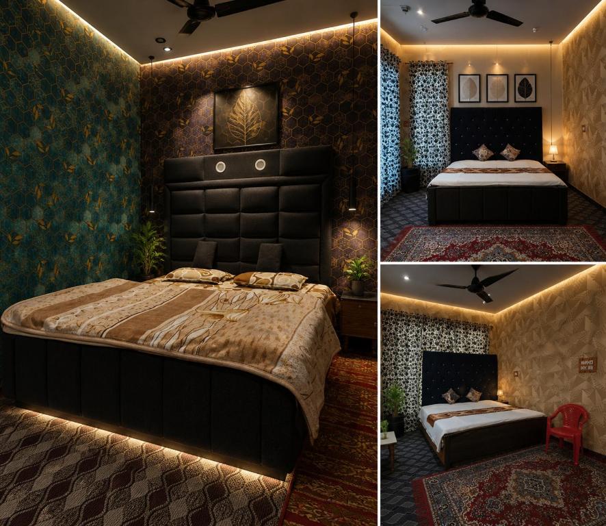 two pictures of a bedroom with a large bed at Younis Guest house in Srinagar