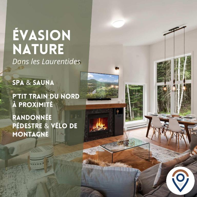 a living room with a couch and a fireplace at Chalet La Colline in Labelle