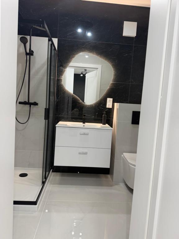 a bathroom with a shower and a sink and a mirror at MC Residence Łomża in Łomża