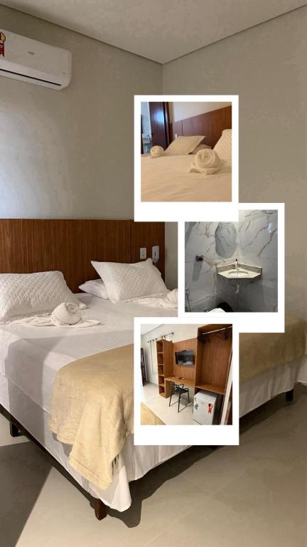 a collage of pictures of a bedroom with a bed at Hotel Bom Gosto in Taiobeiras