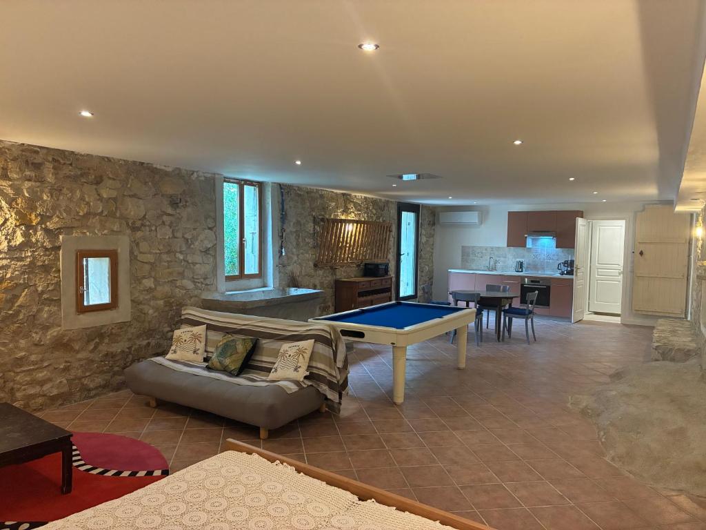 a living room with a pool table in it at Le Relais de Tamaroque in Portel-des-Corbières