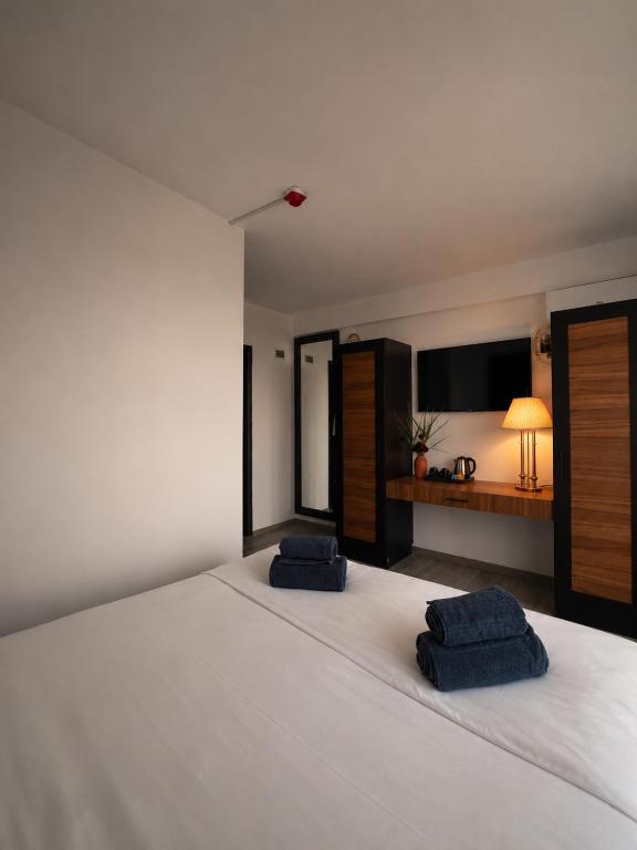 a bedroom with a bed with two blue pillows on it at Hotel Amur in Corbu