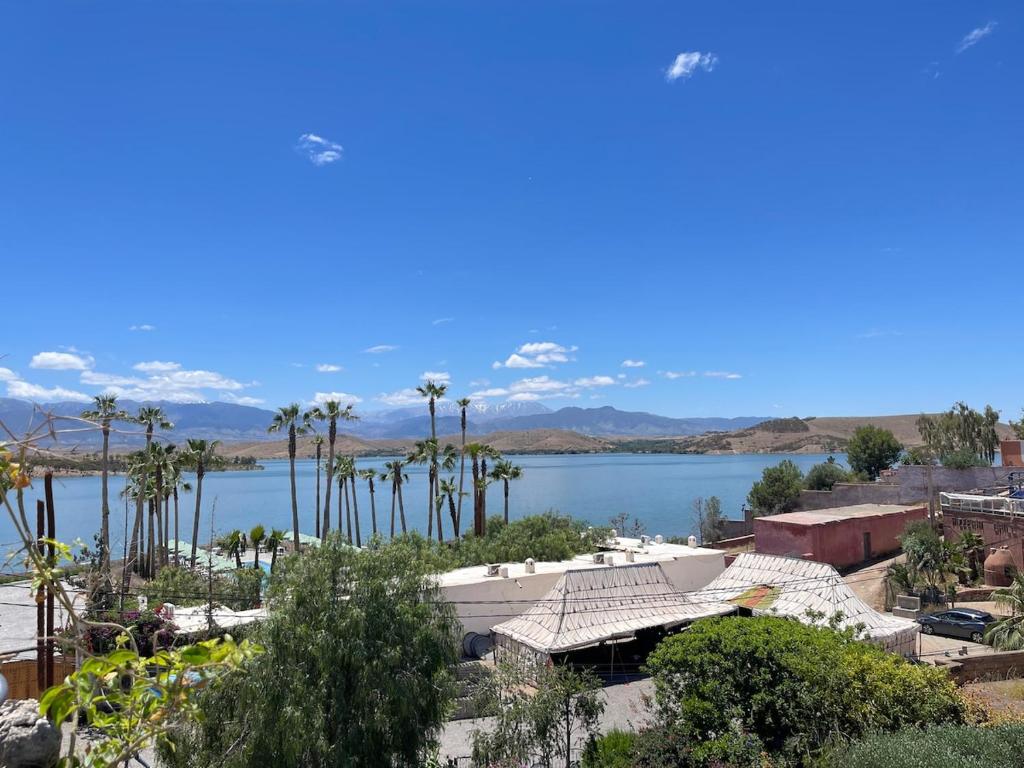 a view of a body of water with palm trees at Maison-Lala Takerkoust et agafay in Lalla Takerkoust