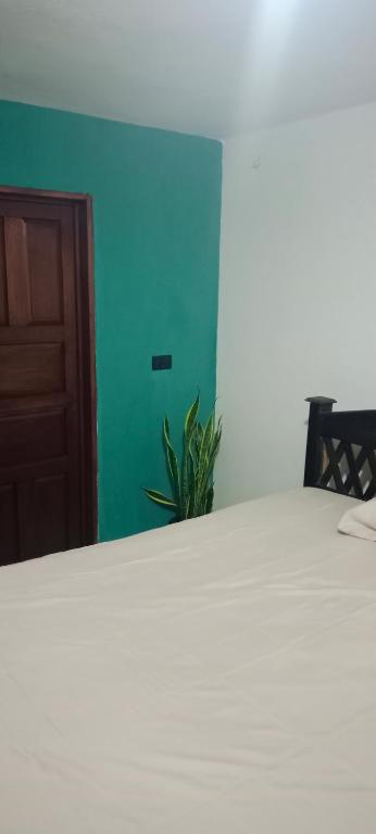 a bedroom with a white bed and a blue wall at Pilatos in Ocosingo