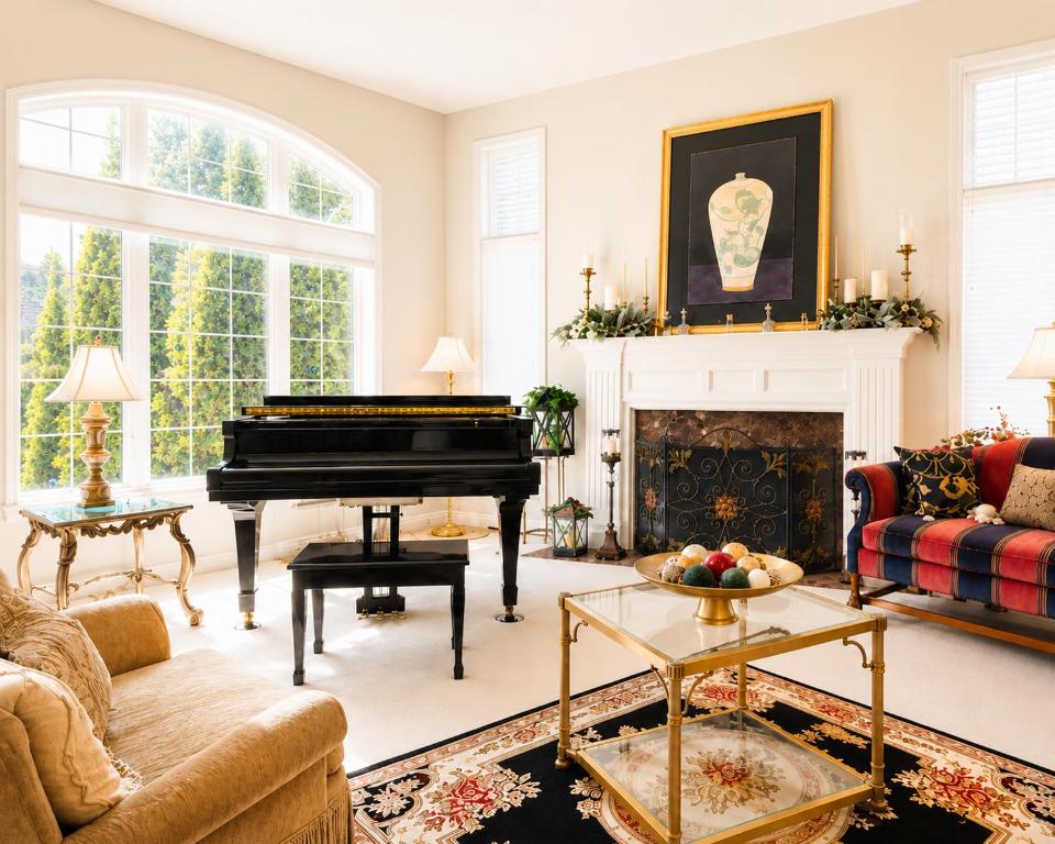 a living room with a piano and a fireplace at The Elegant & Cozy Retreat in Sammamish