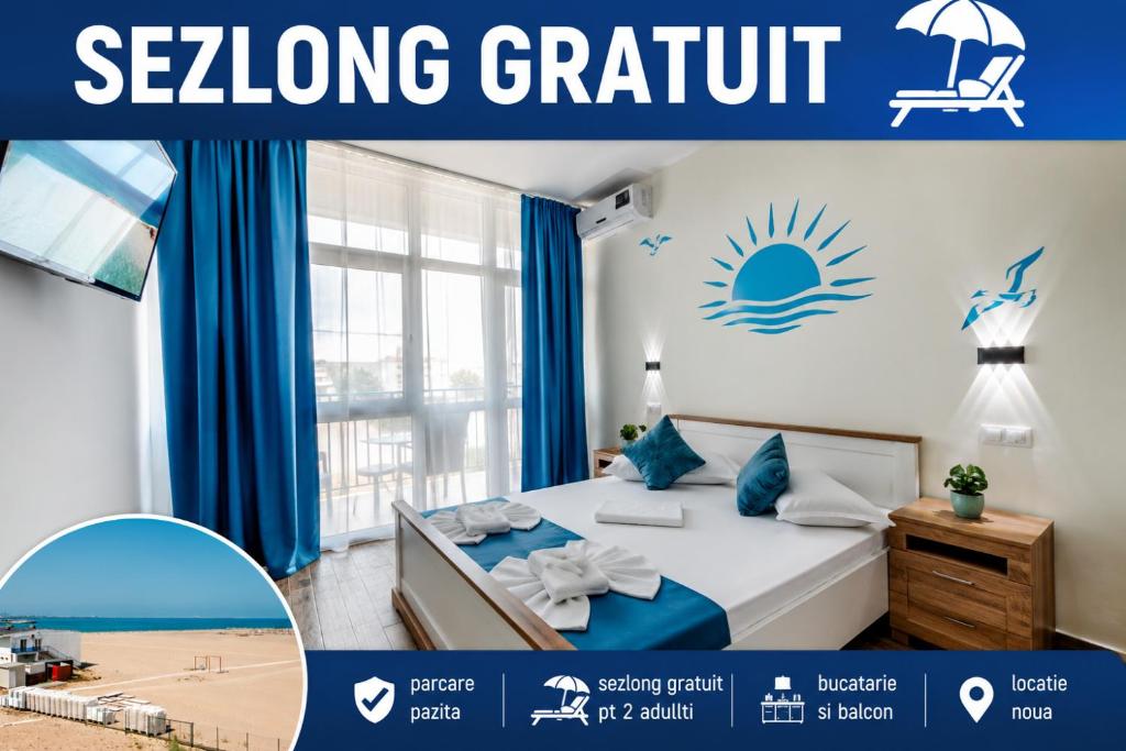 a poster of a bedroom with a bed and a beach at LA PLAYA - Studiouri pe plaja cu sezlong inclus in Eforie Nord