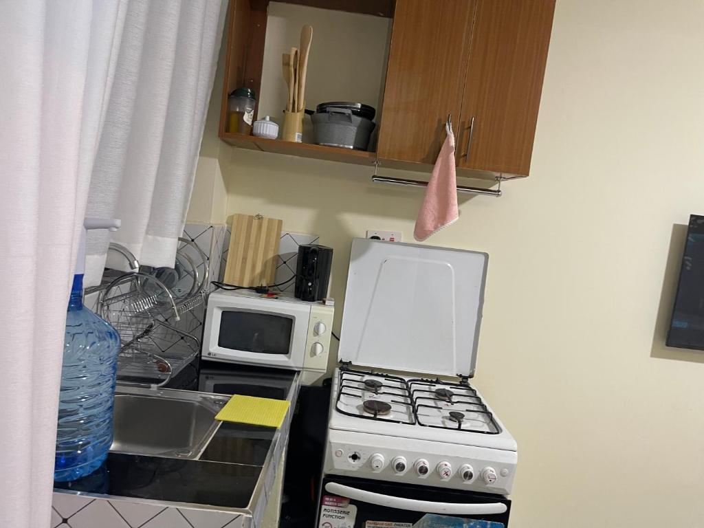 a kitchen with a stove top oven next to a microwave at Reiroy homes in Kikuyu