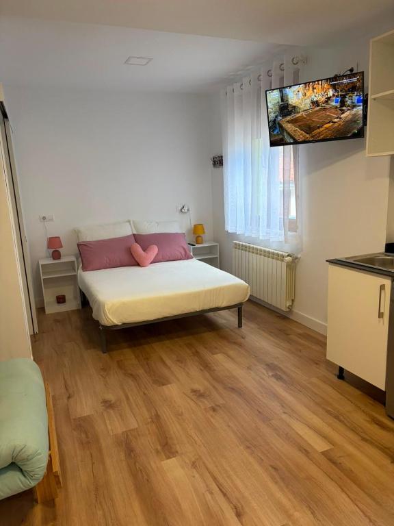 a bedroom with a bed and a television on the wall at Casa Adrianykenia in San Martín de Laspra