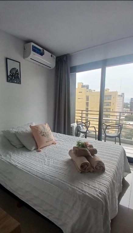 a bedroom with a bed and a large window at Centro suite II in Santiago del Estero