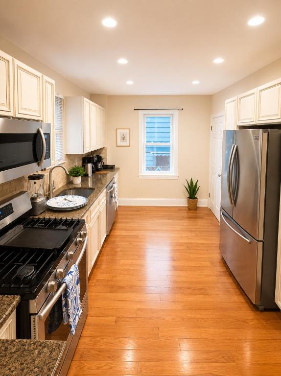 a kitchen with stainless steel appliances and a wooden floor at Stay by Gina in Irvington