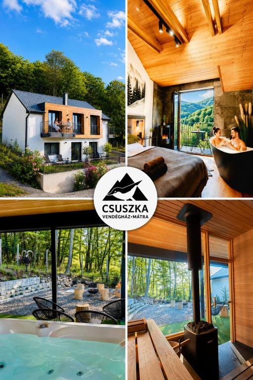 a collage of pictures of a house with a tub at Csuszka Vendégház MÁTRA in Mátraszentimre