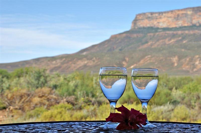 due bicchieri da vino seduti sopra un tavolo di Maskam Guest Farm a Vanrhynsdorp