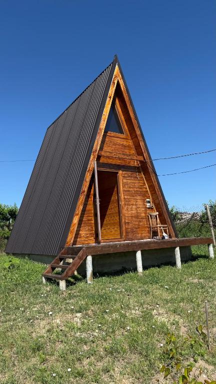a frame cabin with a black roof on a grass field at Căsuța Casper in Tudora