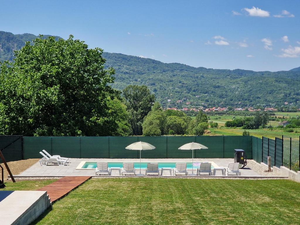 a pool with chairs and umbrellas in a yard at Casa Anto in Călimăneşti