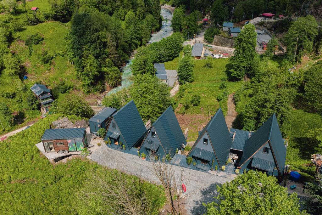 an overhead view of a house with green roofs at Danzi camping tiny house in Kise