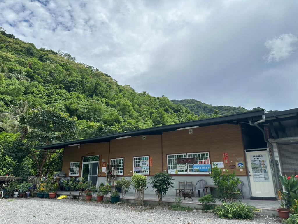 a building with plants in front of a mountain at 蘭姐的民宿 in Taitung City