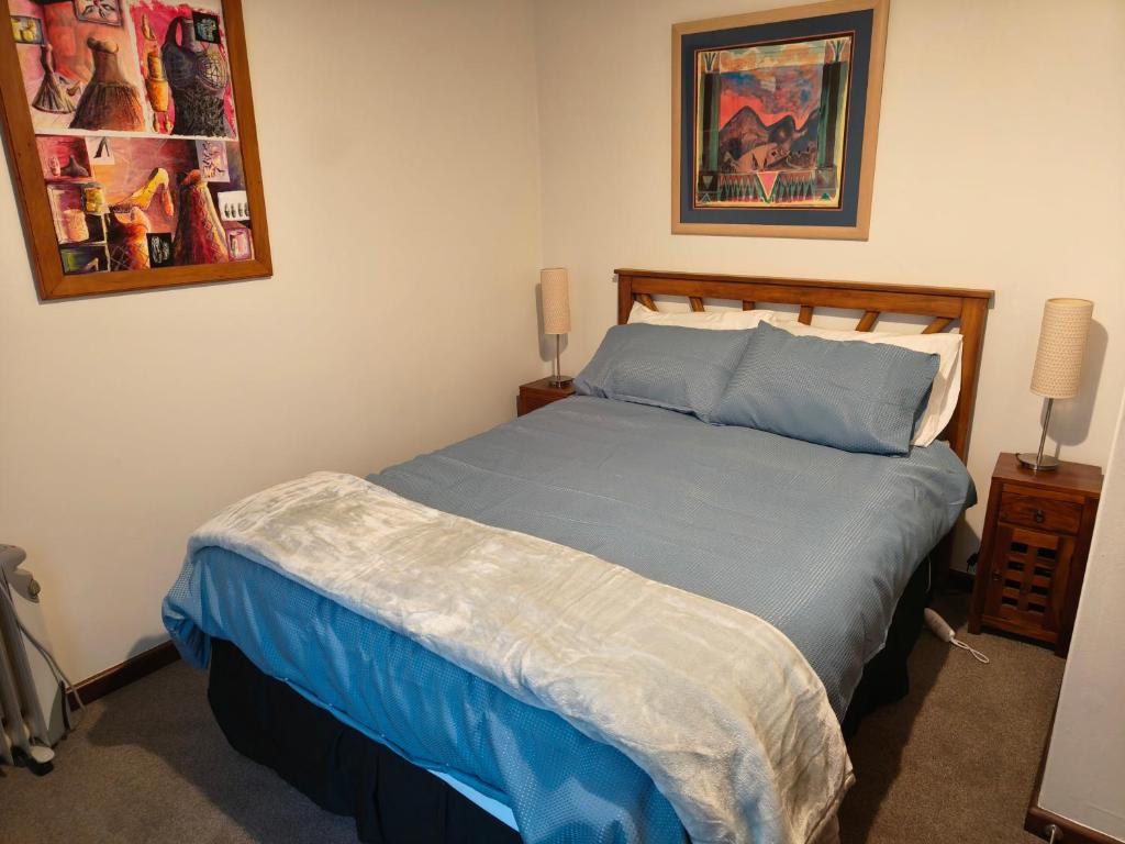 a bedroom with a bed with a blue comforter at Larsen Apartment in Palmerston North
