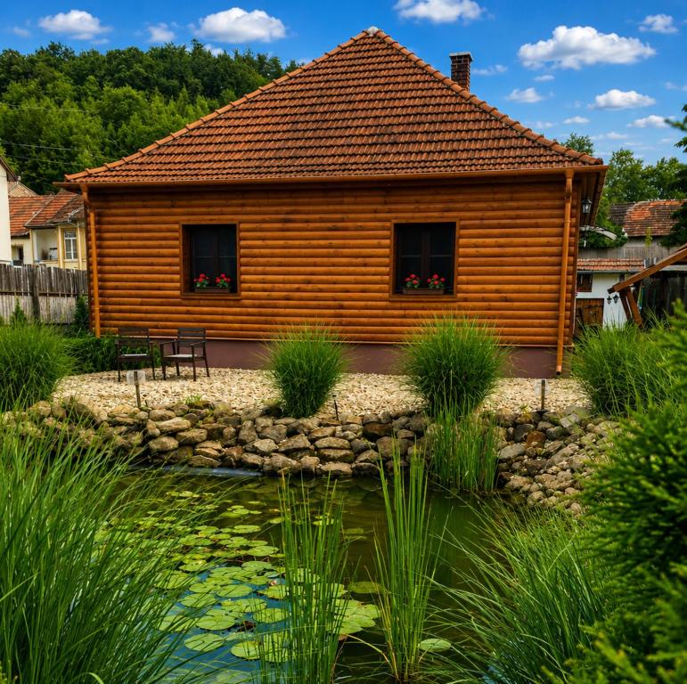 a log cabin with a pond in front of it at Mátrai pincés udvar in Mátramindszent