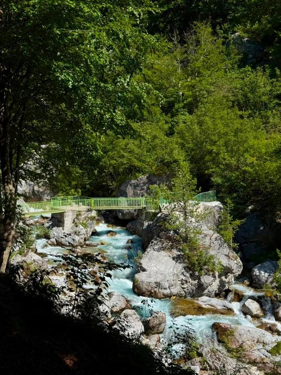 Eine Brücke über einen Fluss mit Felsen und Bäumen in der Unterkunft Riverside in Valbonë