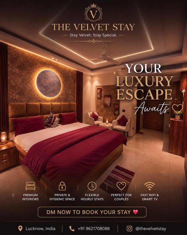 a poster of a hotel room with a bed and a sign at Velvet stay in Lucknow
