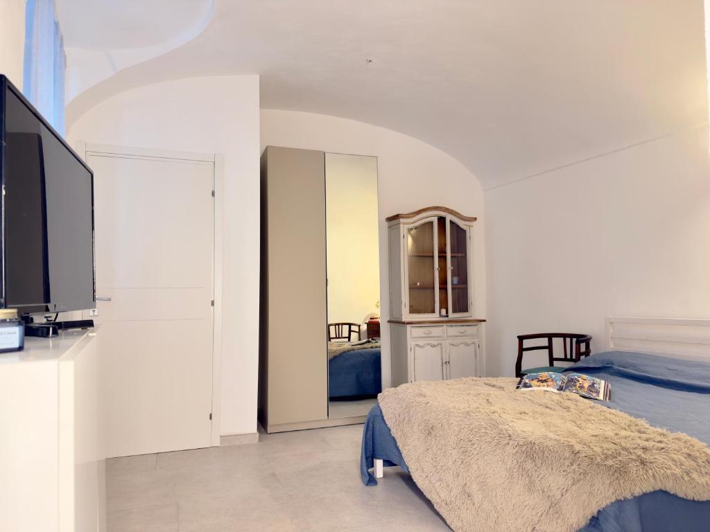 a bedroom with a bed and a tv and a mirror at Fuga nel borgo in Avigliana