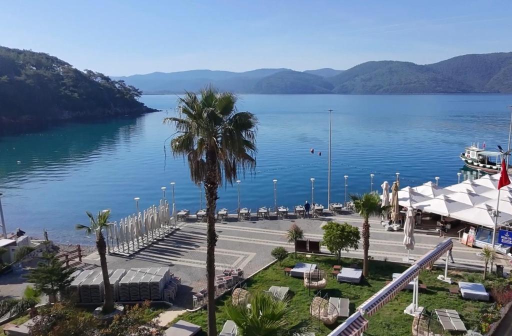 a view of a body of water with a palm tree at İskelem Otel in Akyaka
