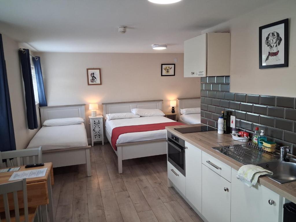 a small kitchen with two beds in a room at Matty's Pub - Apartment's in Carlow