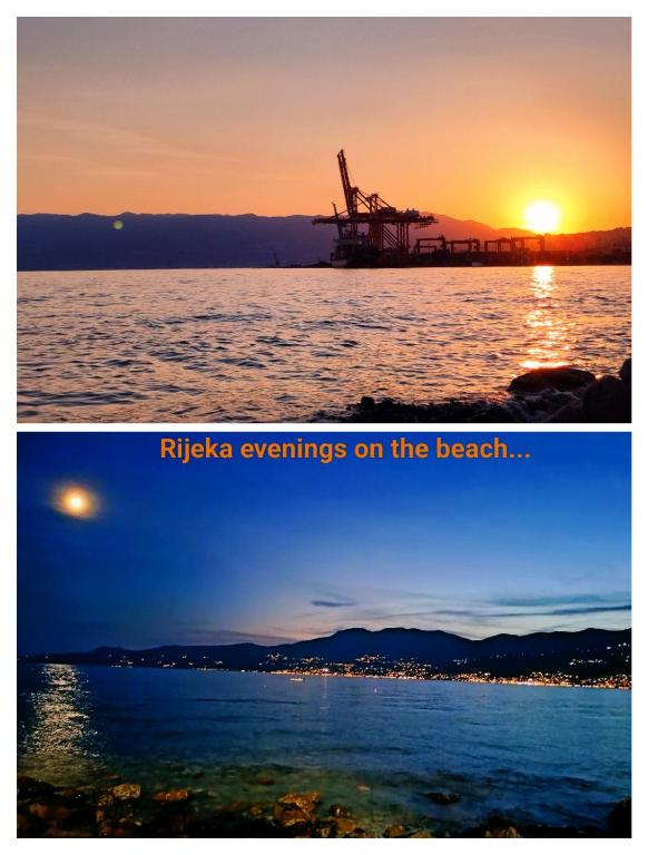 two pictures of the sun setting on the water at Center Rooms with terrace in Rijeka