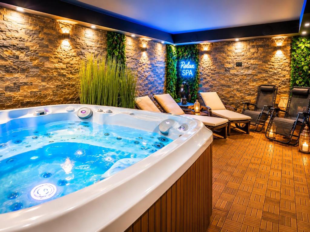 a jacuzzi tub in the middle of a room at Rezydencja Wind Rose Luxury ApartHotel Gdańsk - Prywatne SPA in Gdańsk