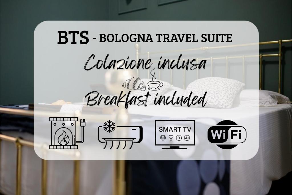a sign for a hotel room with a bed with a white bedspread at Bologna Travel Suite in Bologna