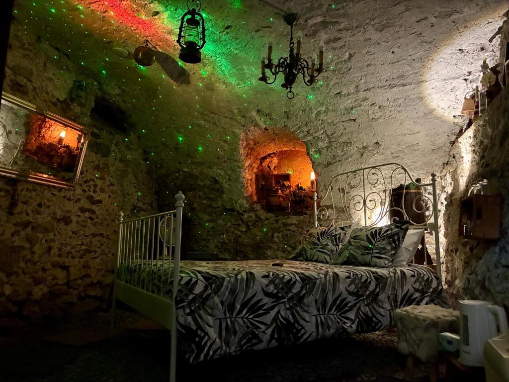 a bedroom with a bed in a stone wall at THE OLD CELLAR no shower! in Locarno