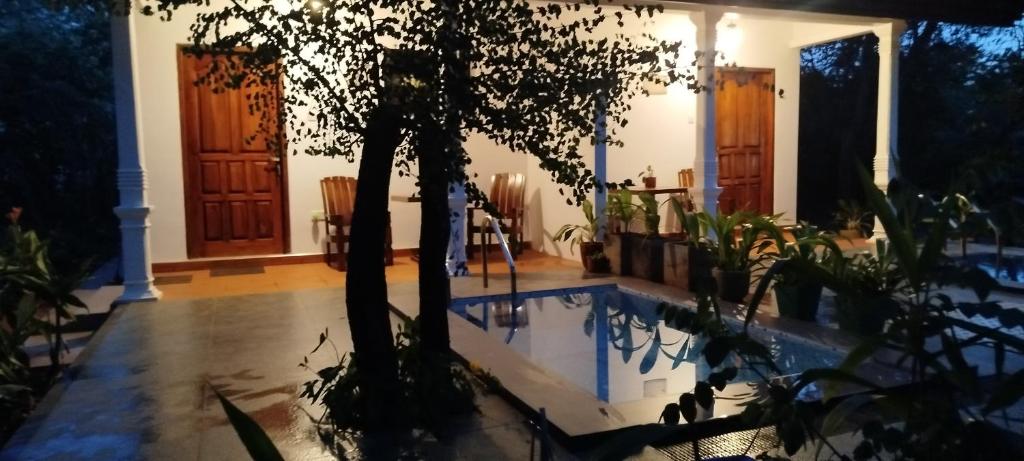a house with a tree in the middle of a pool at Voyager's Villa in Habarana
