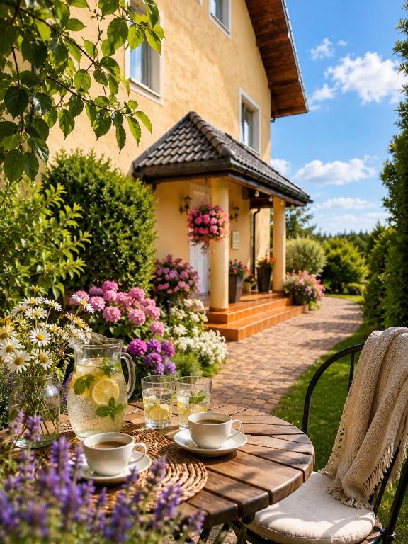 a wooden table in front of a house with flowers at Szept Fal & Minigolf in Rewal