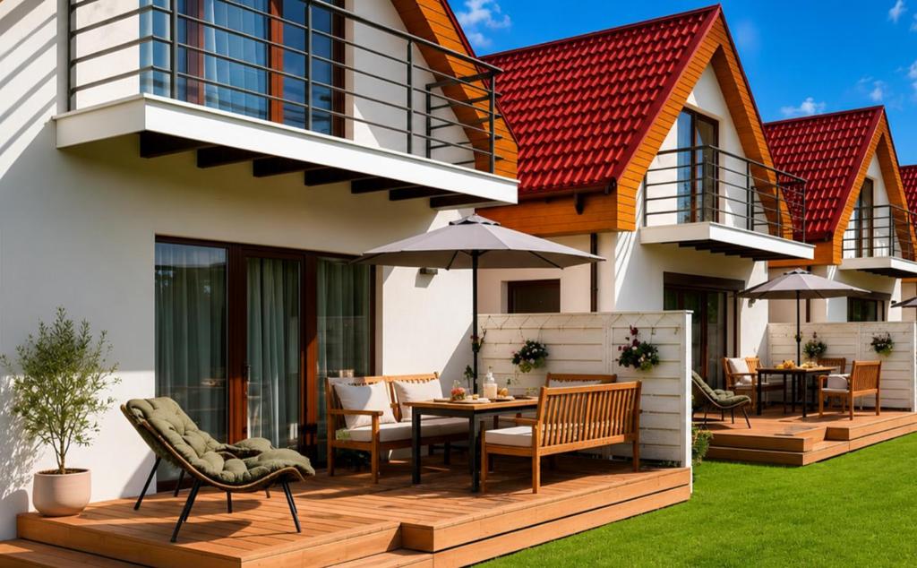 a house with a deck with a table and chairs at Domki wakacyjne 4 YOU in Ustka