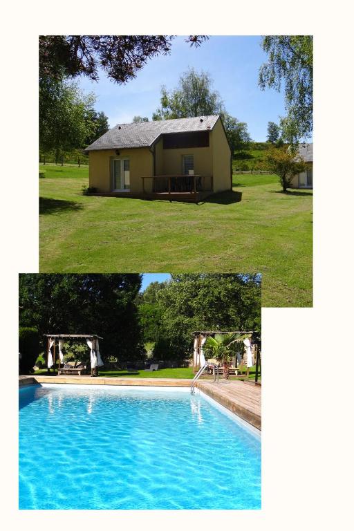 two pictures of a house and a swimming pool at Maison de plein pied au cœur de la nature in Chaudes-Aigues