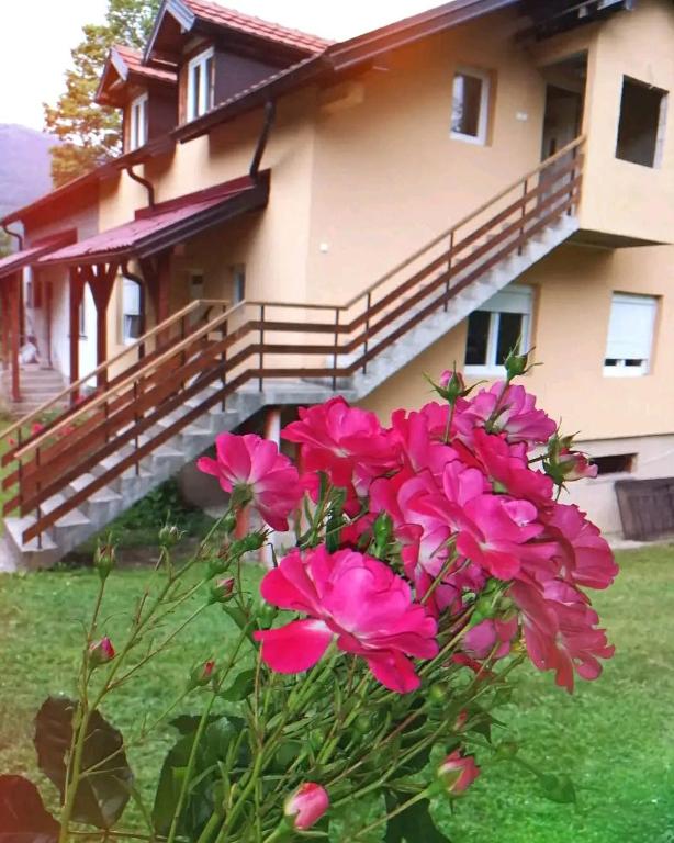 a bunch of pink flowers in front of a house at Anika apartmani in Tjentište