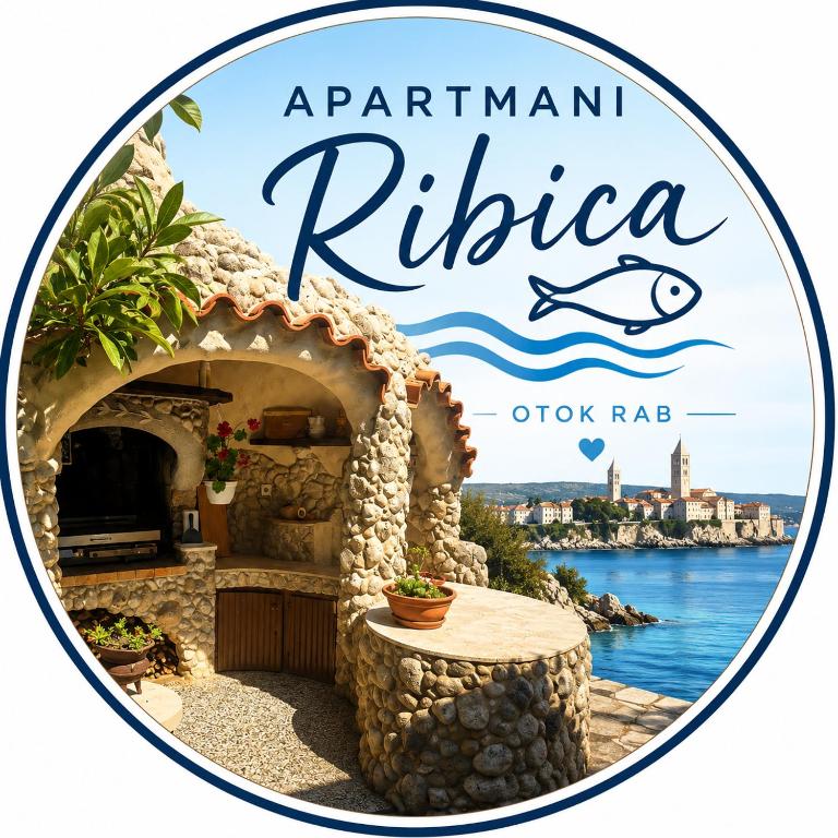 a sign for a restaurant in rikers island with a picture of the water at Apartments Ribica in Rab
