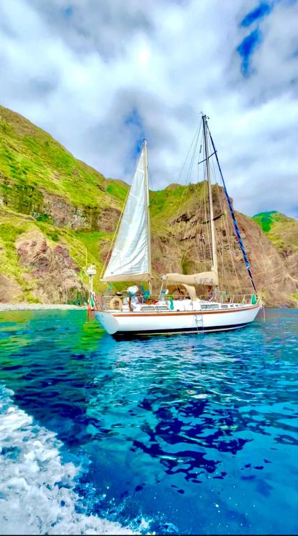 a sail boat in the water near a hill at Spica in Funchal