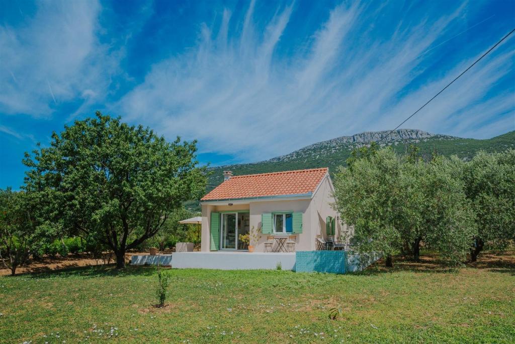 a house in a field with a mountain in the background at Captain`s Cottage in Kaštela