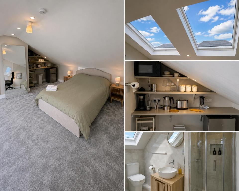 two pictures of a bedroom with a bed and a window at Coastal Skylight Studio in Bettystown