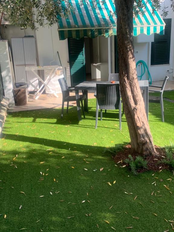 a yard with a table and chairs and a tree at Ulivo sereno in Giulianova