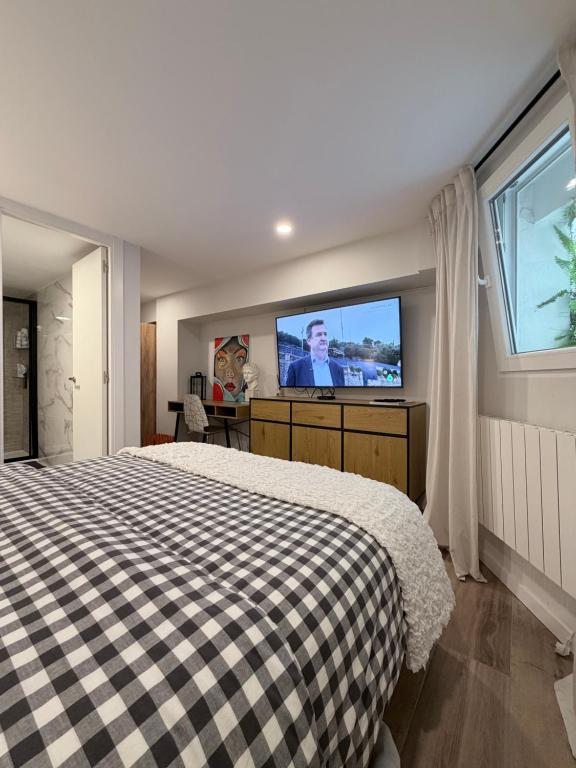 a bedroom with a bed and a flat screen tv at Blue rooms in Bilbao